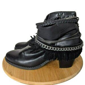 Black Fringe Ankle Boots Faux Leather Chain Detail Block Heels Womens Size 10